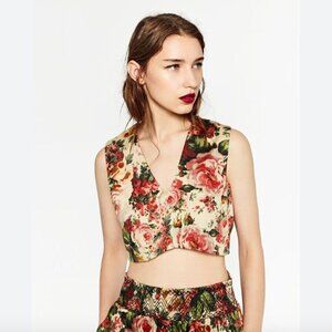 Zara Floral Crop Tank Top S V-Neck Vintage Rose Print Zip Back Summer Flower